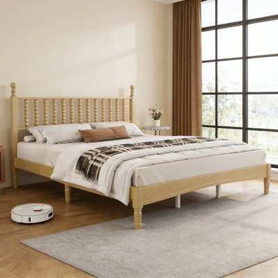 Très grand lit plateforme en bois de style rétro, fabriqué en bois naturel, avec une tête de lit en forme de gourde unique et un support à lattes en bois massif pour plus de stabilité et de durabilité.