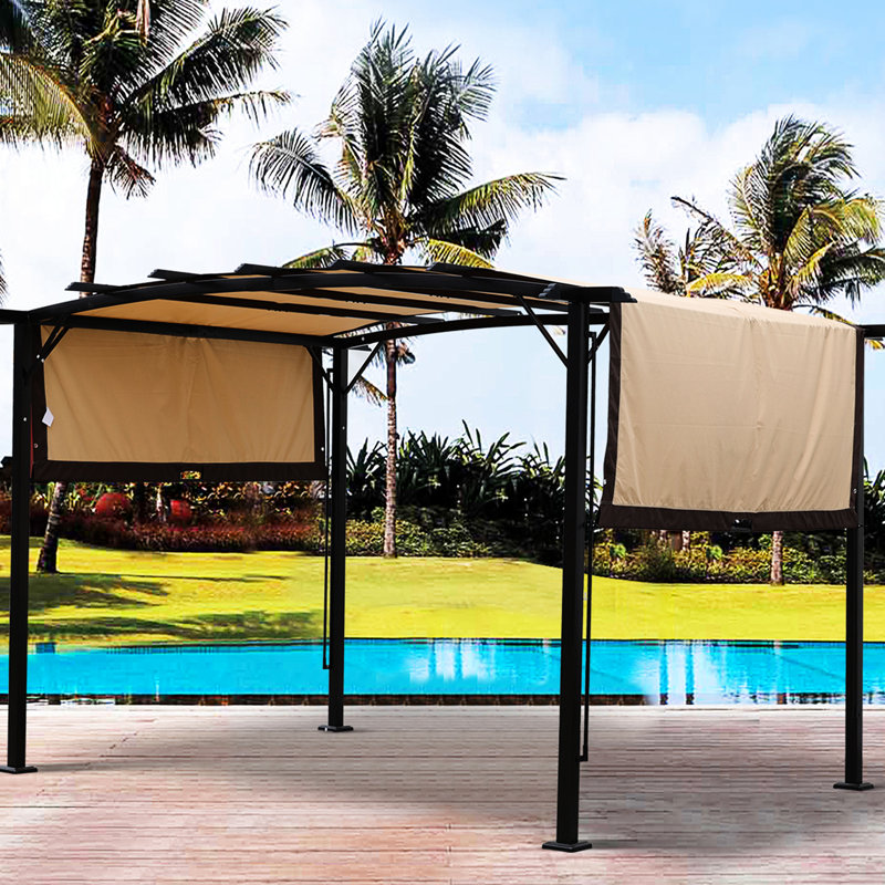 Pergola extérieure - 3,66 m x 2,74 m, structure en acier, toile rétractable, beige, idéale pour les activités de jardinage. Gazebo avec toile de toit pour jardins et terrasses.