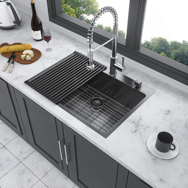 30-Inch Single Bowl Drop-In Kitchen Sink Made Of 16-Gauge Stainless Steel With Durable Gunmetal Black Finish For Modern Kitchens.