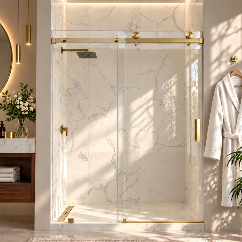 Serienty 56-60"W x 76'' H Single Sliding Frameless Shower Door with 3/8" (10mm) Clear Glass in Brushed Bronze, 76" H x 60" W