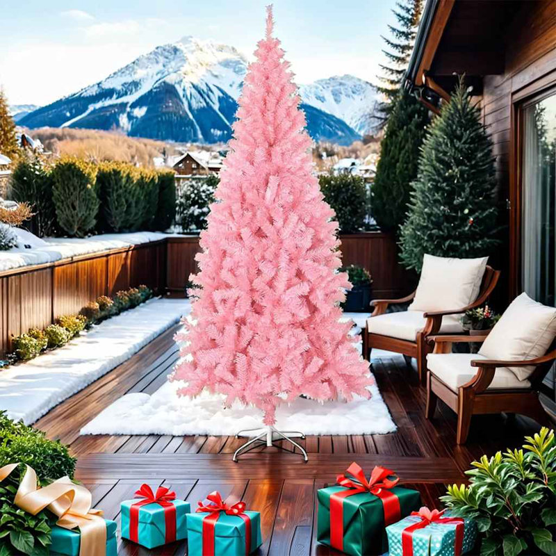 Arbre de Noël artificiel de Noël avec support en PVC, 7 pi x 4 pi, Rose