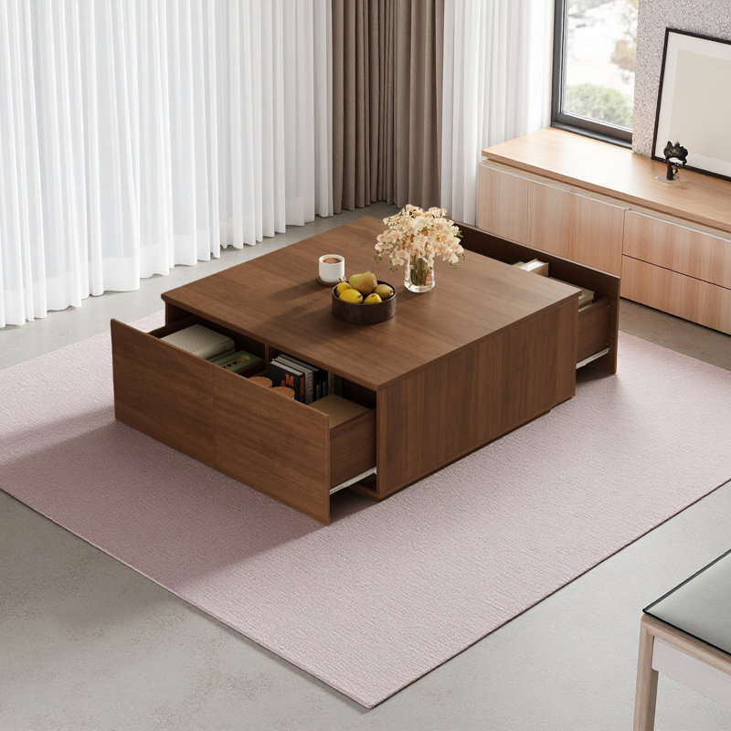33.25" Square Coffee Table With 4 Drawers, Walnut
