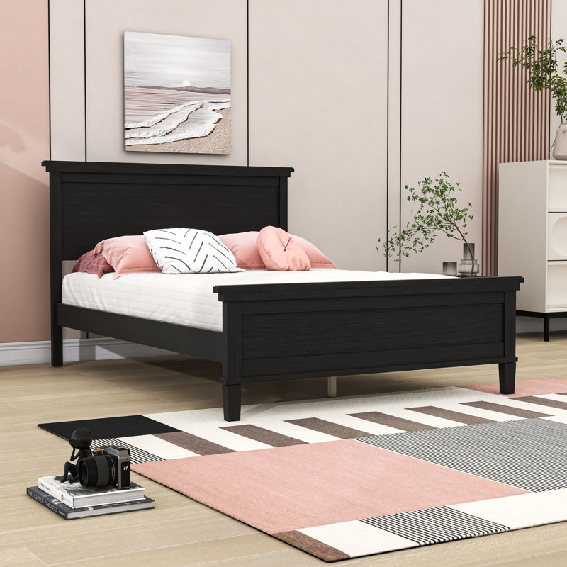 Wood Platform Bed with Panel Headboard, Full, Charcoal Black
