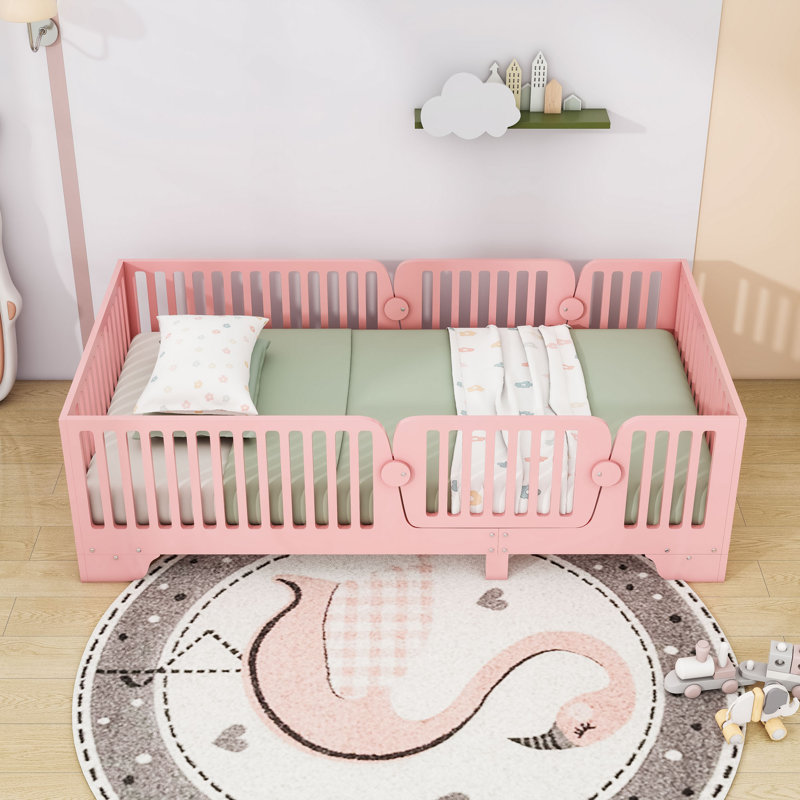 Lit Montessori en bois avec barrière de sécurité et porte, Simple, Rose