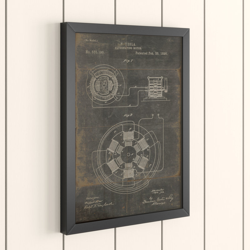 « tesla alternating motor brevet », impression encadrée, Noir, H 17,13 po x l 12,63 po