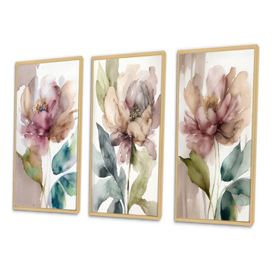 «Pink Watercolor Peony Blossoming», 3 pièces sur toile