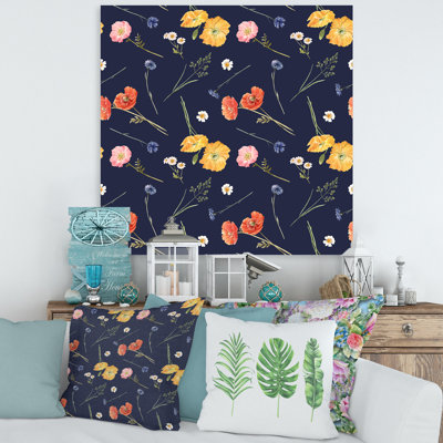 Fleurs sauvages orange et jaunes sur fond bleu foncé - reproduction sur toile