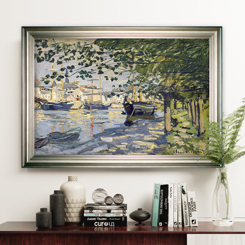 «La seine à Rouen», reproduction de peinture à l'huile, H 31 po x l 43 po x P 1,5 po, Cadre argenté, Blanc mat