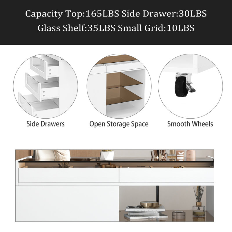 Commode de meuble-lavabo pour îlot de cuisine 43,3 po avec 3 tiroirs latéraux, un espace de rangement réversible et deux tablettes en verre