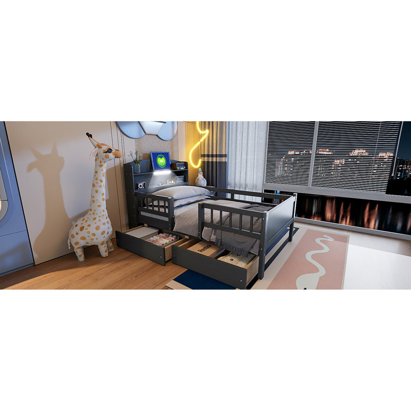 Twin Wood Platform Bed With Led Lighting, Multi-Purpose Headboard, Guardrail And 2 Drawers In Gray Color Built-In , Versatile