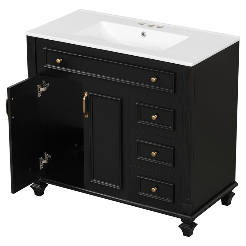 Meuble-lavabo de 36 po avec lavabo, armoire de salle de bain en bois massif avec tiroir rabattable, 3 tiroirs et 2 portes, conception élégante avec poignées en métal doré, meuble-lavabo moderne en bois aggloméré pour le rangement de la salle de bain