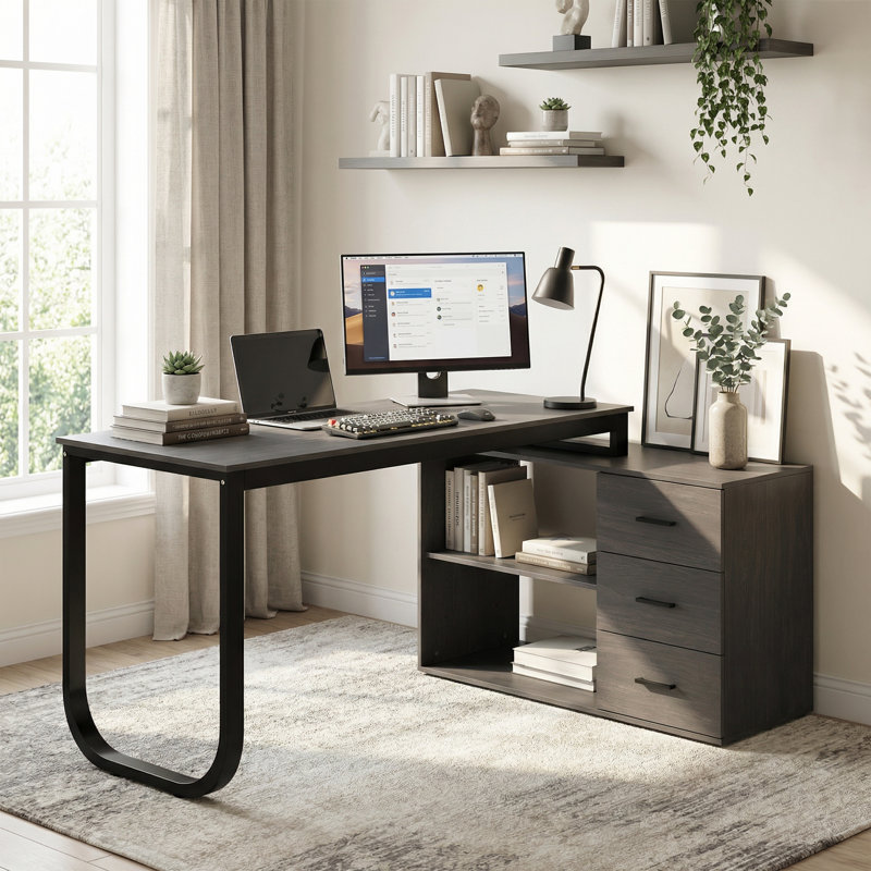 Latwon L-Shaped Steel Writing Desk, Gray/Black