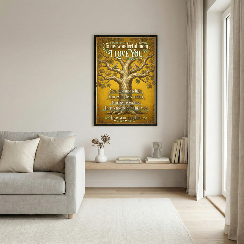 Tableau sur toile tendue représentant un arbre et des oiseaux avec un message d'amour, cadeau idéal pour la fête des Mères et décoration intérieure.