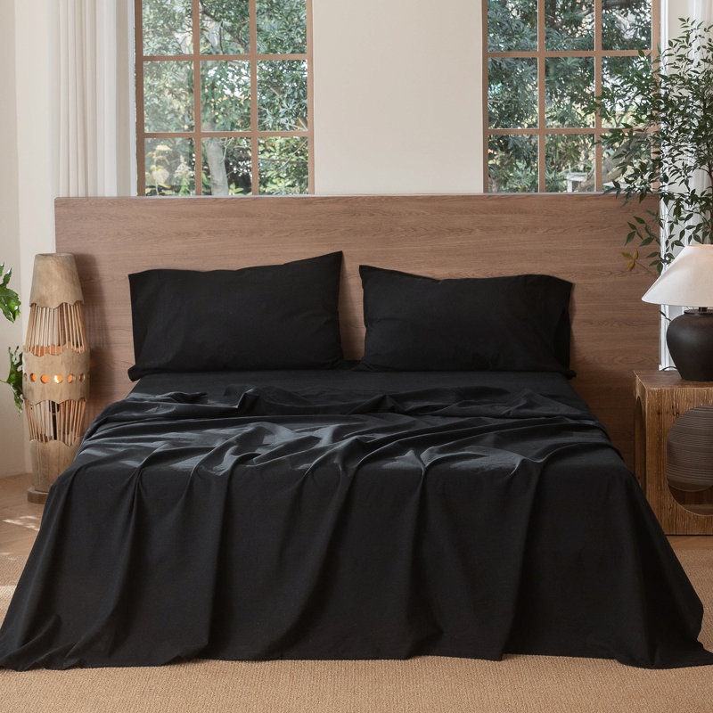 MooMee Sheet Set Extra Deep Pocket 100% Washed Cotton Linen Like Textured Lightweight Breathable, Black