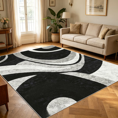 Tapis à motif géométrique noir et blanc à motif abstrait tourbillon de 1 pièce pour le salon, doux et confortable, convient à toutes les saisons, facile à entretenir, lavable à la machine, tapis de dessous de table convenant à la table à manger, au vestibule, à la chambre à coucher,