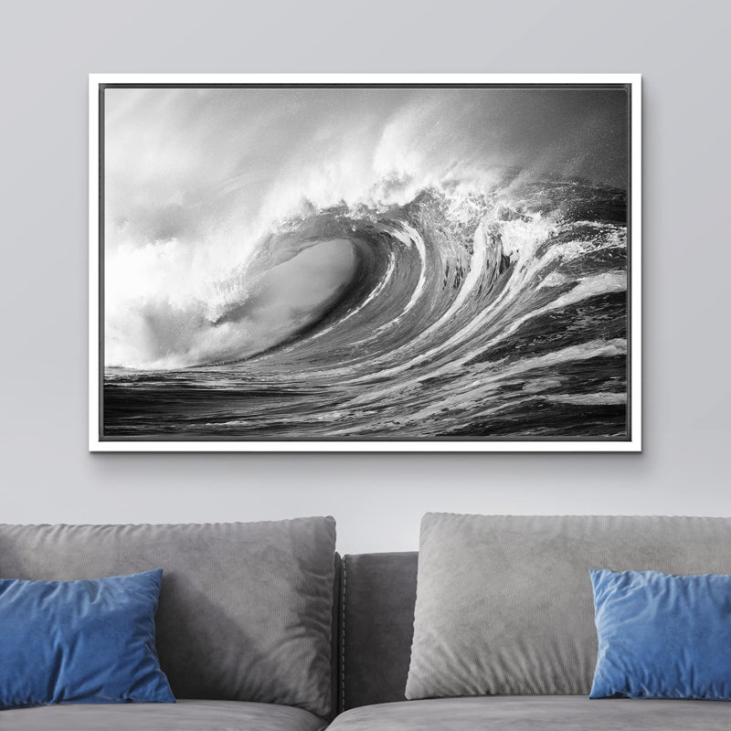 Plage côtière, vagues en noir et blanc, mer nautique, Cadre flottant blanc, H 24 po x l 36 po