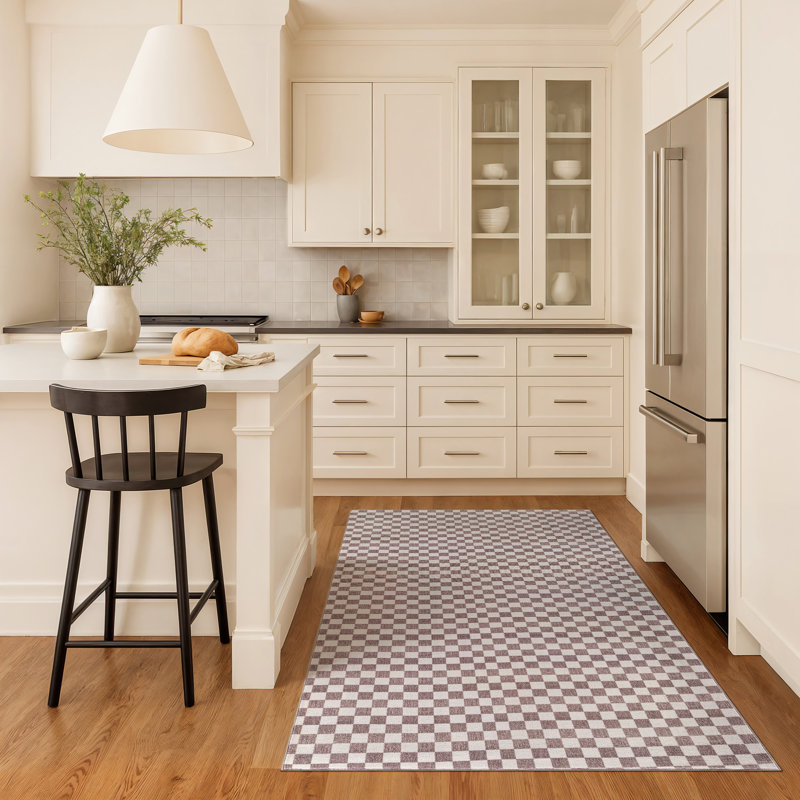 Tapis d'intérieur antidérapant, lavable à la machine, à damier miniature, couleur noyer., Brun, 3 pi 3 po x 5 pi