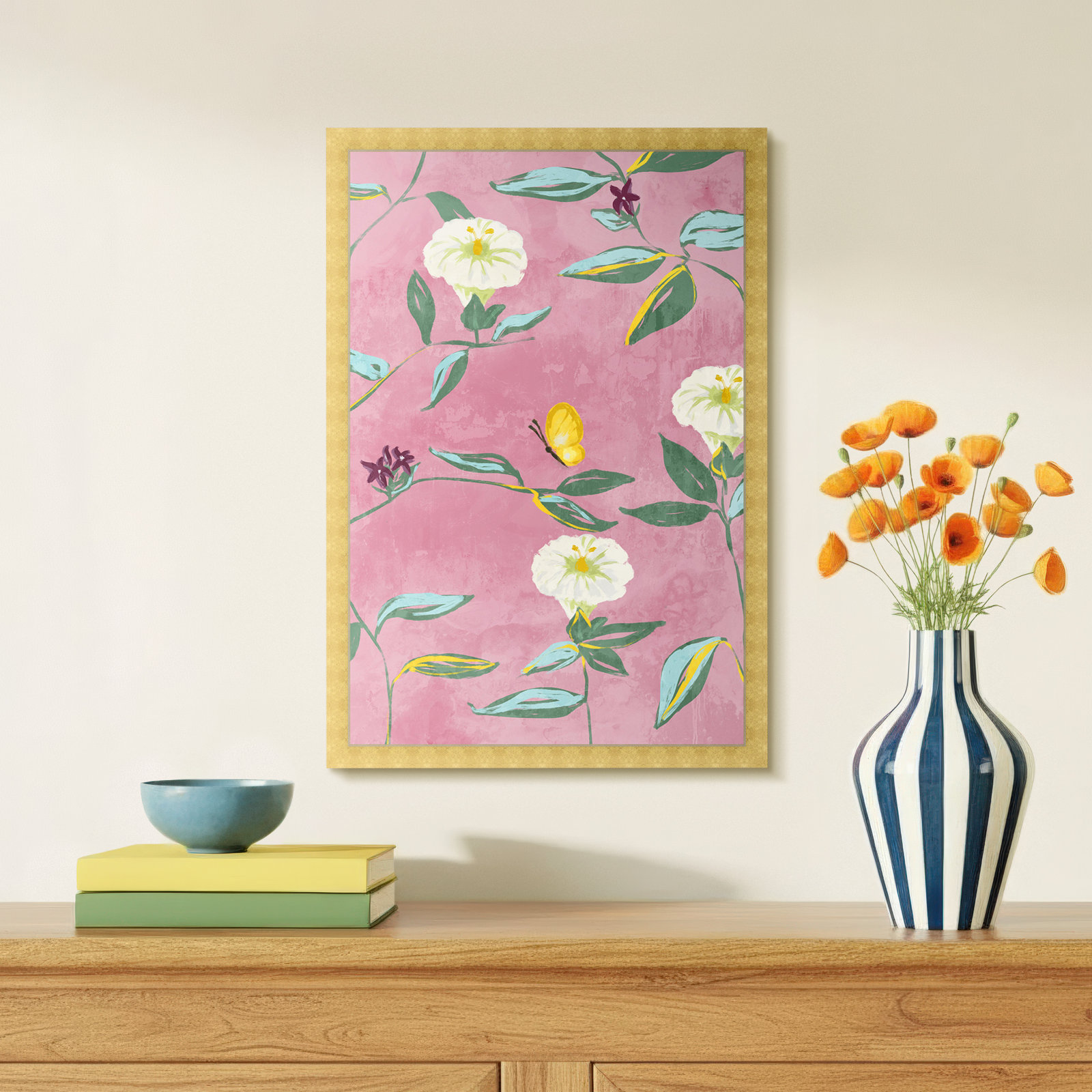 Floral Spring Tapestry Pattern Print, Gold, 26" H x 18" W
