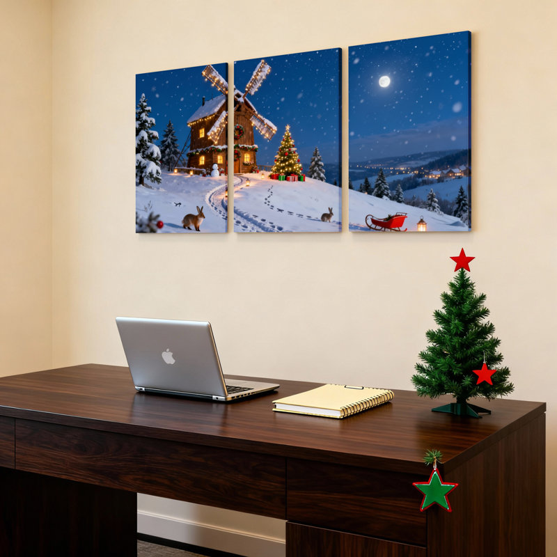 Christmas Windmill And Tree Canvas Wrapped Wall Art Oil Painting Print Set Of 3, 18" H x 36" W