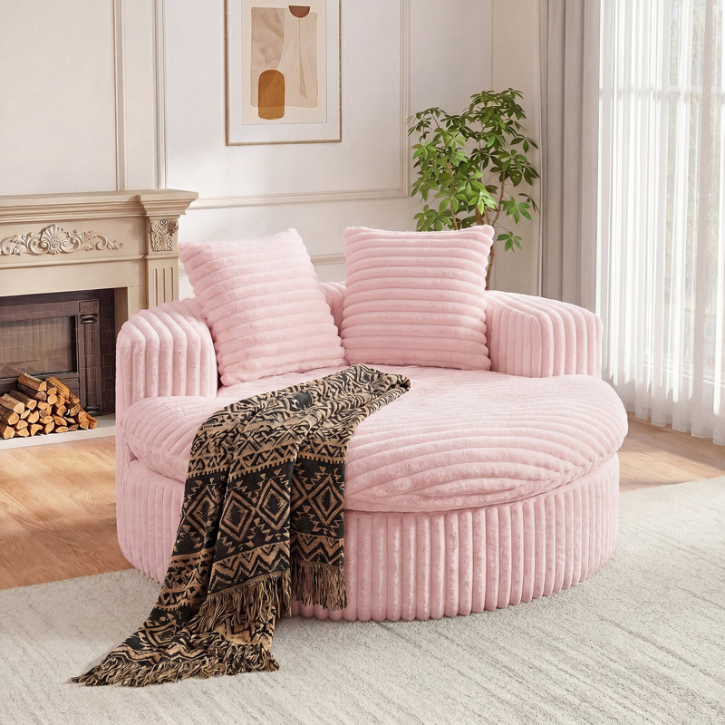 Méridienne ronde de 52 pouces avec accoudoirs et 2 coussins, confortable canapé rembourré en velours côtelé pour le salon, appartement, aucun assemblage requis, rose