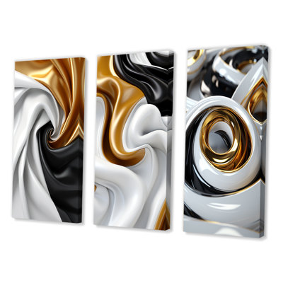 Liquide, spirale abstraite, or, noir et blanc - Ensemble de 3 formes d'art abstrait