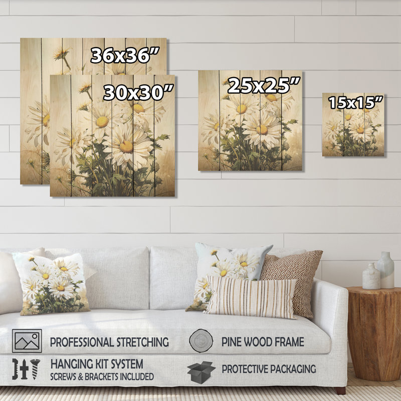 White Daisies Flowers In Forest - Daisy On Wood Print, 15" H x 15" W