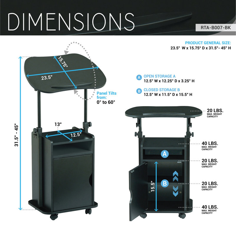 Chariot pour ordinateur portable réglable avec rangement assis et debout, noir