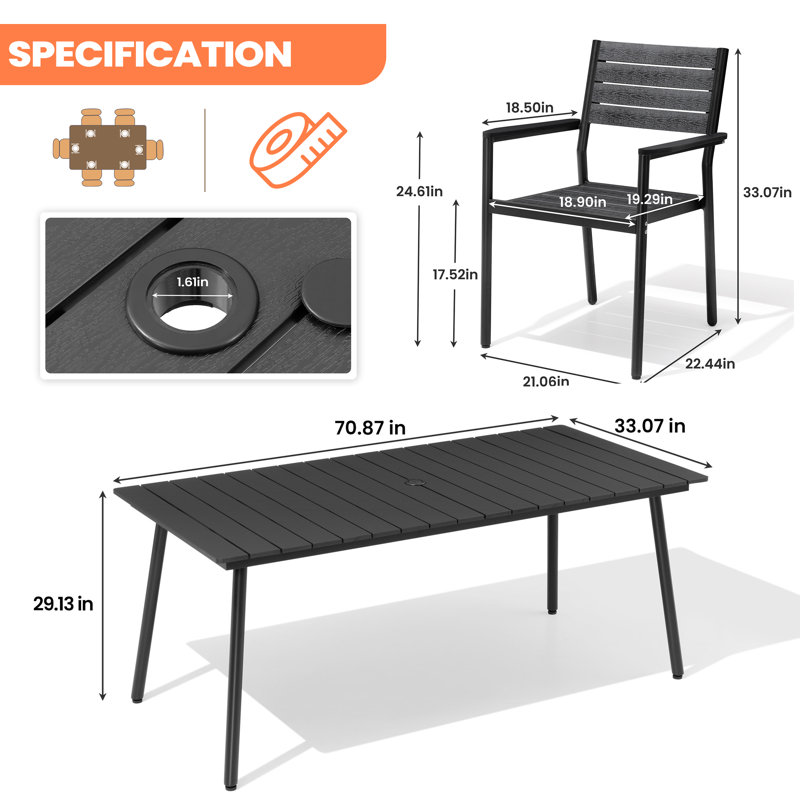 Ensemble de salle à manger en aluminium pour 6 personnes avec chaises empilables et trou pour parasol Muntz, Noir