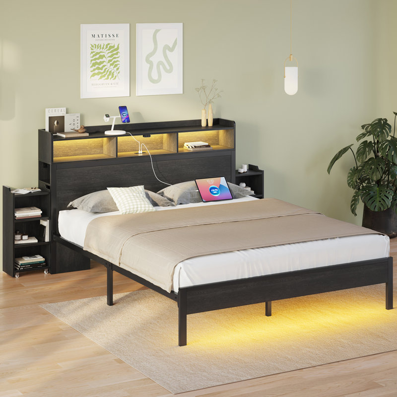Bed Frame with Headboard & 2 Hidden Storage Cabinets, Bed with Charging Station &  RGB LED Lights, Full/Double