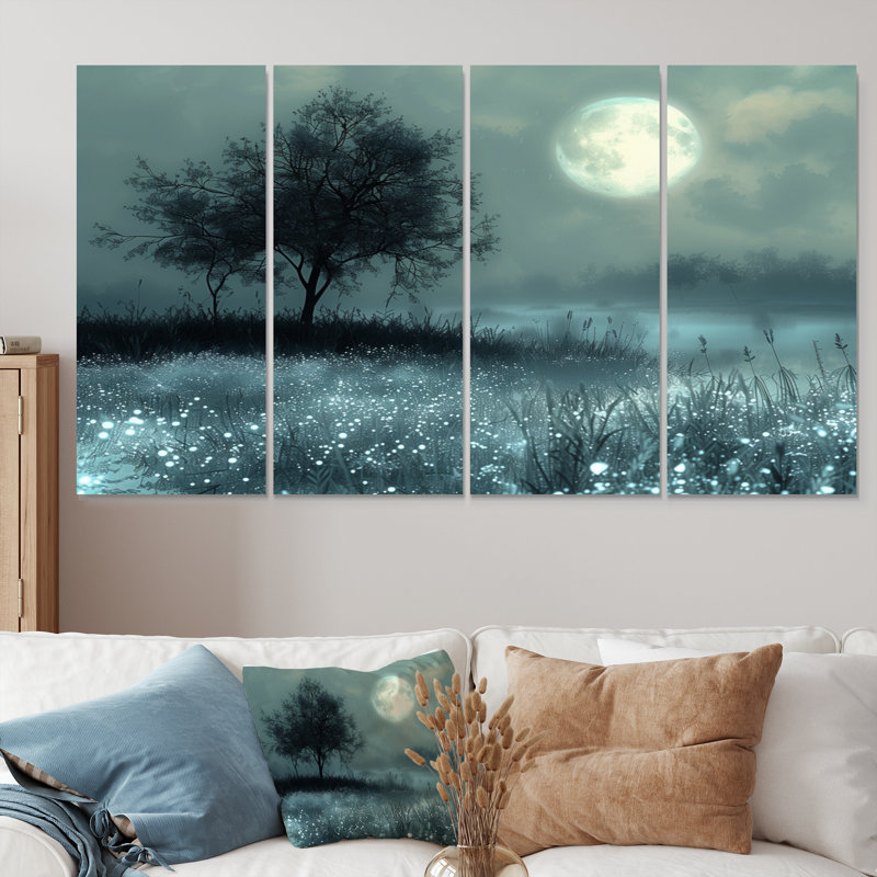 Hiver, gris, blanc, clair de lune, arbre I - ensemble d'art mural fées, H 32 po x l 64 po
