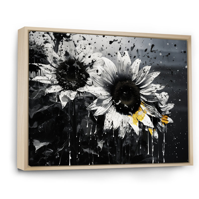 «Black and White Sunflowers Florescence» - art mural toile de tournesols, Cadre naturel flottant, H 16 po x l 32 po x P 1 po