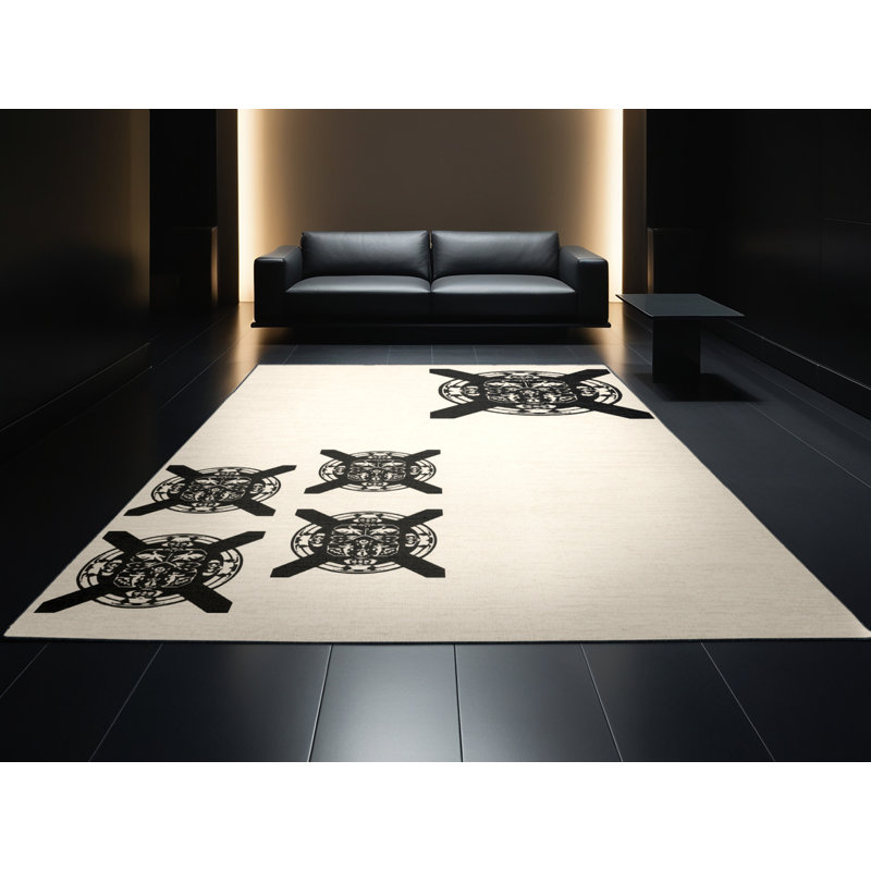 Tapis traditionnel beige à motif de banderoles Samurai, 7 x 10
