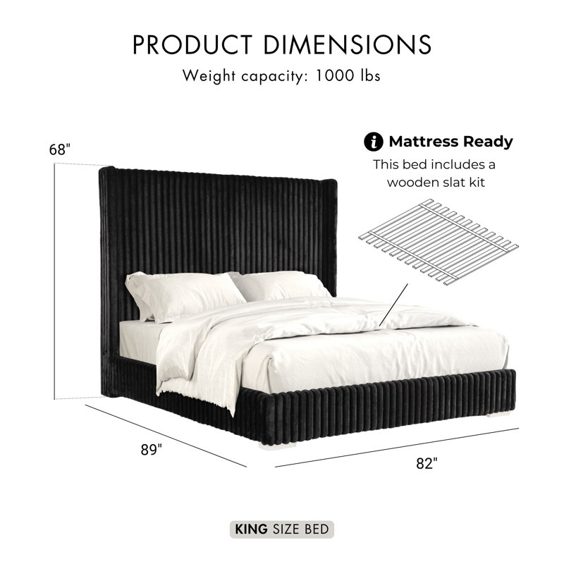 Bertogne Tall Wingback Headboard Upholstered Bed, King, Black