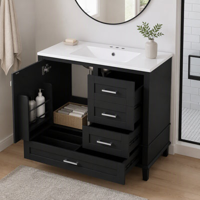 Ensemble de meuble-lavabo et de lavabo moderne en bois massif noir de 36 pouces avec une porte à fermeture en douceur et trois armoires de rangement à tiroir à fermeture en douceur.