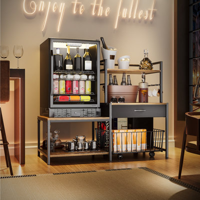 Mini Fridge Stand With Movable Storage Basket, Mini Refrigerator Stand With Shelves, Heavy Duty Wine Fridge Table With Power Plug For Dorm Home Use (Brown)