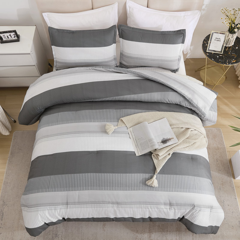 Andency Comforter Set, Lightweight Colorblock Stripes Bedding Comforter Set, Fluffy Down Alternative Bed Set, Dark Grey, King