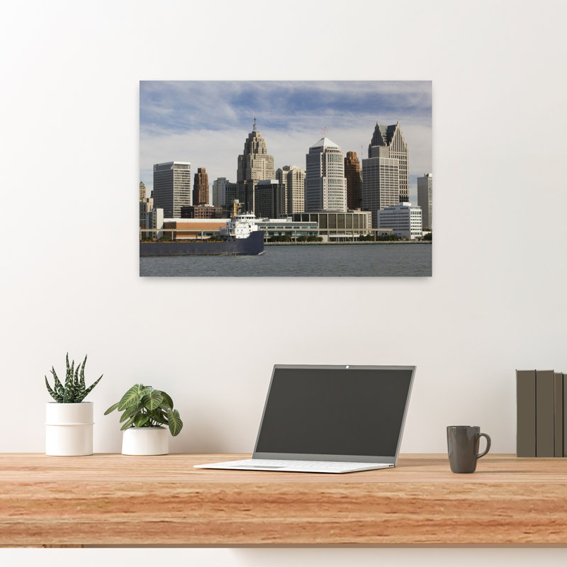 USA Michigan Wayne County Detroit along Detroit River from Windsor Ontario Canada 1 Piece Wrapped Canvas Wall Art
