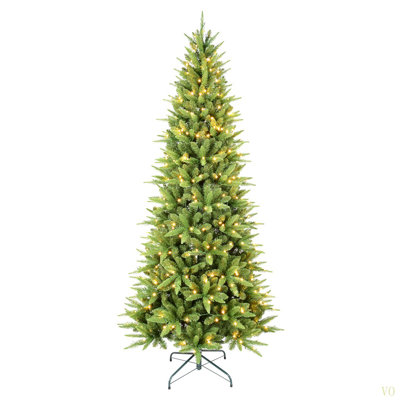 Arbre de Noël mince de 7 pi avec 400 lumières DEL chaudes - 1180 pointes en PE + PVC, conception à charnières peu encombrante, installation facile, support en métal robuste - arbre à crayons réaliste pour les petits espaces