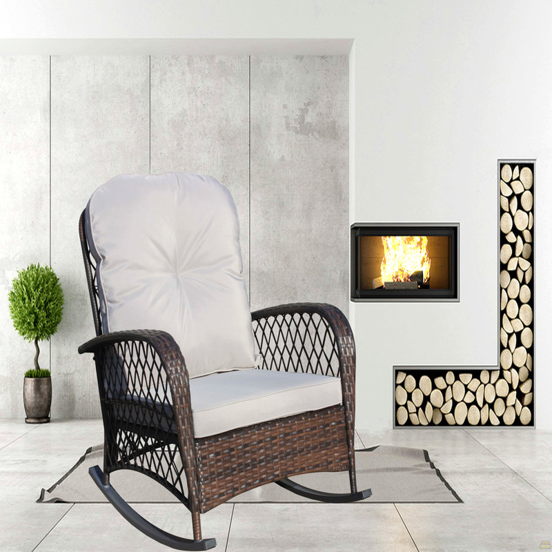 Chaise berçante d'extérieur en osier à assise large, coussin épais et moelleux, Gris