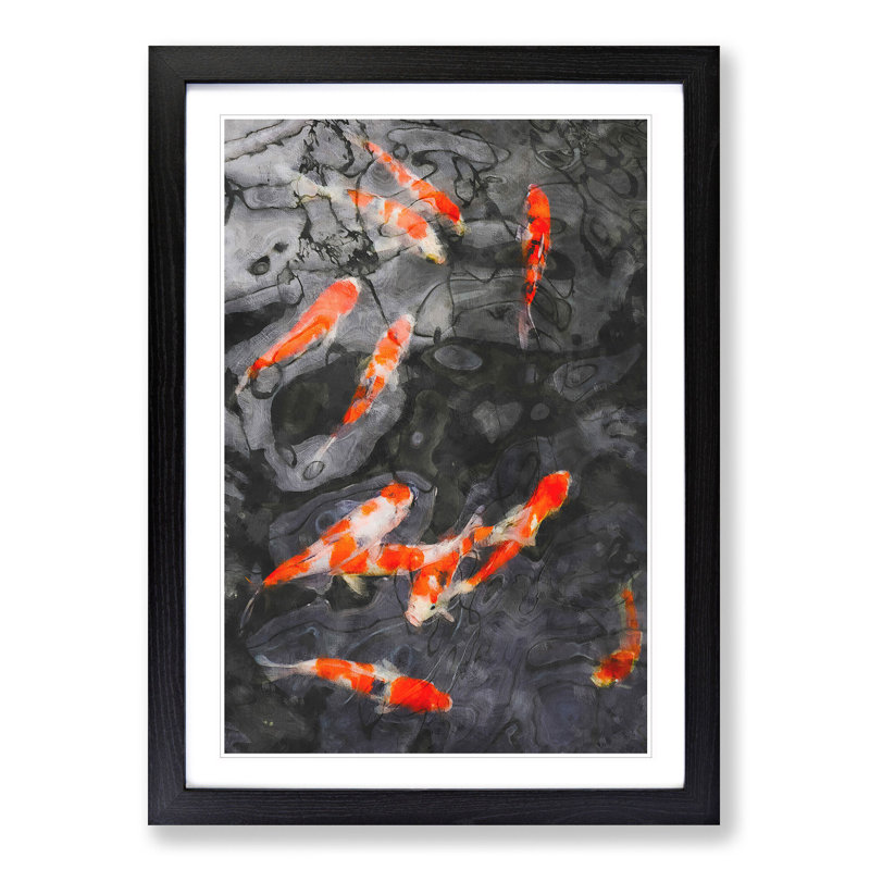 Carp and Koi Fish - Picture Frame Painting Print on MDF, Black Framed, 33cm H x 24cm W x 2cm D