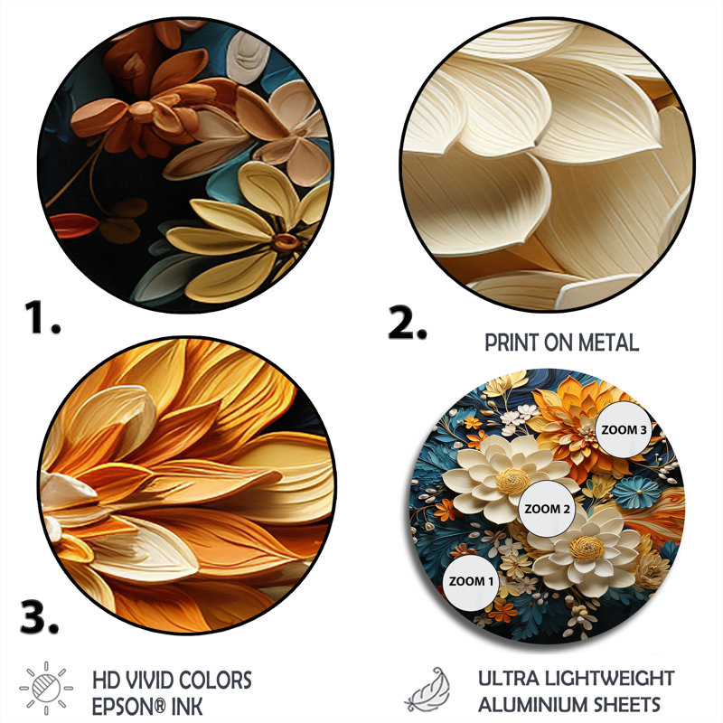 Tourbillon botanique orange sarcelle II - Art abstrait rond en métal, H 36 po x l 36 po x P 1 po