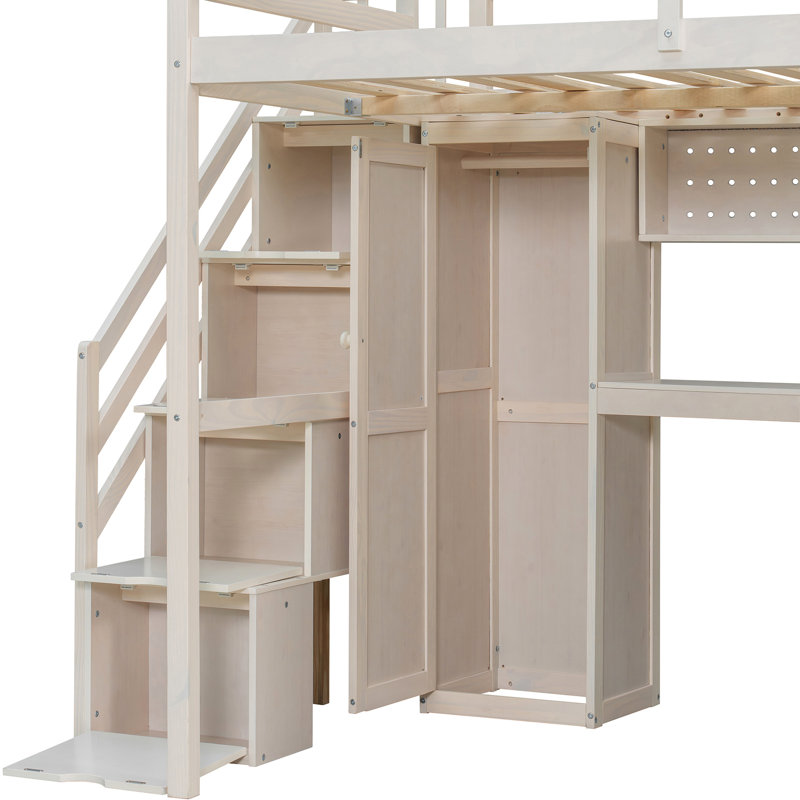 Lit mezzanine beige avec garde-robe intégrée, bureau d'étude, rangement ouvert et lumières à DEL, configuration d'espace pour les chambres d'adolescent et chambre à coucher double