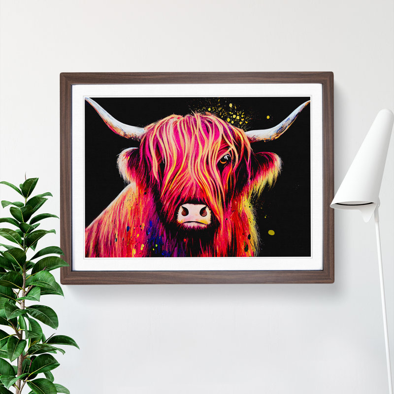 Highland Cow Splash Vol.1 Abstract 1 Piece Single Picture Frame Wall Art, 46cm H x 64cm W x 2cm D, Walnut
