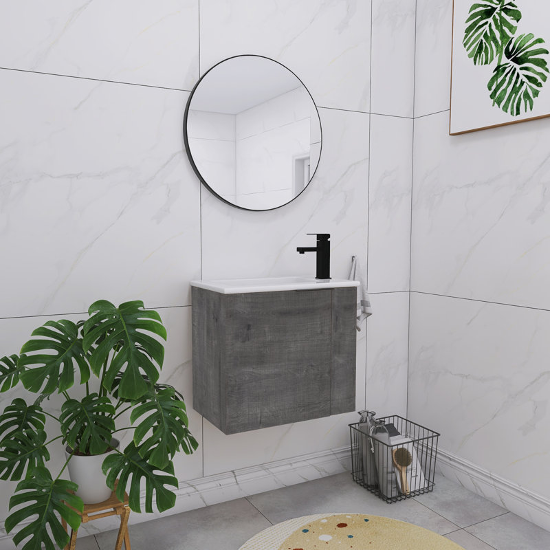 Madilene  22"Single Sink Wall Mounted Bathroom Vanity,Floating Vanity with 1 Door, White Ceramic Sink Top, Plaid Gray Oak