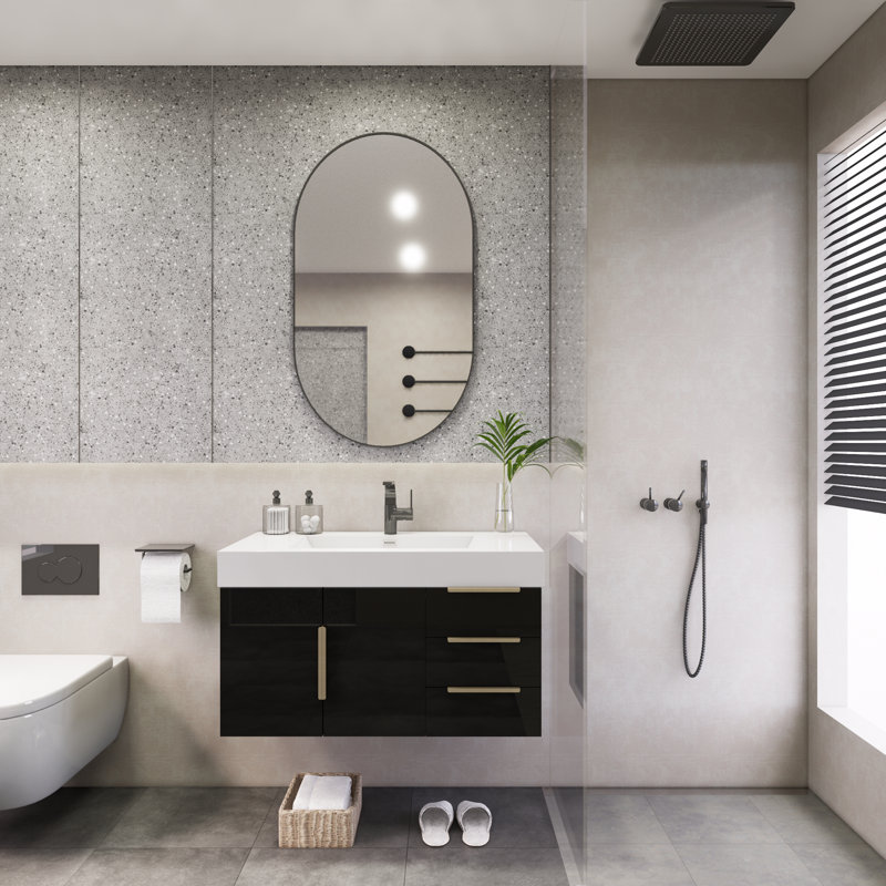 Ensemble de meuble-lavabo simple mural 35,4 "Mariyon, Noir très lustré