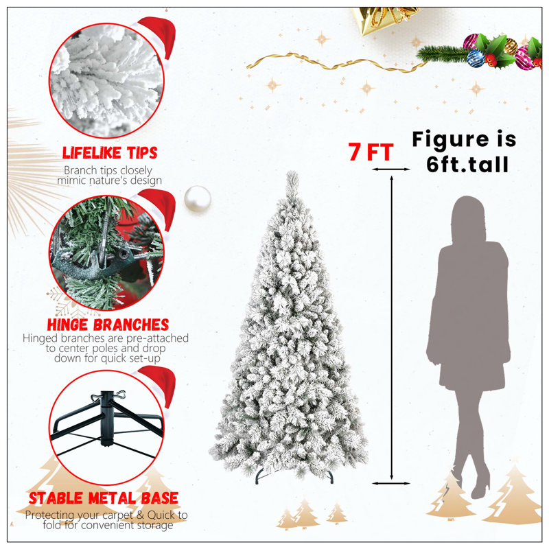 Arbre de Noël floqué avec 450 lumières à DEL blanc chaud - 1060 pointes, PVC enneigé et branches à aiguilles dures, conception à charnières pour une installation facile, support en métal robuste, arbre de vacances complet et réaliste
