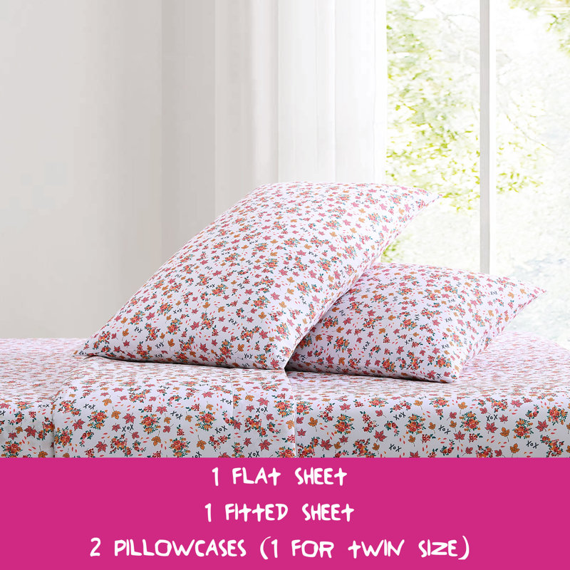 Betsey Johnson Printed Novelty Sheet Sets, Twin Sheet Set with 1 Standard Pillowcase, Fall Foliage Pink