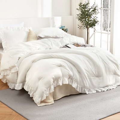 3 Piece Pink Ruffled Comforter Set, Soft Microfiber All Season Bedding, Vintage French Country Style