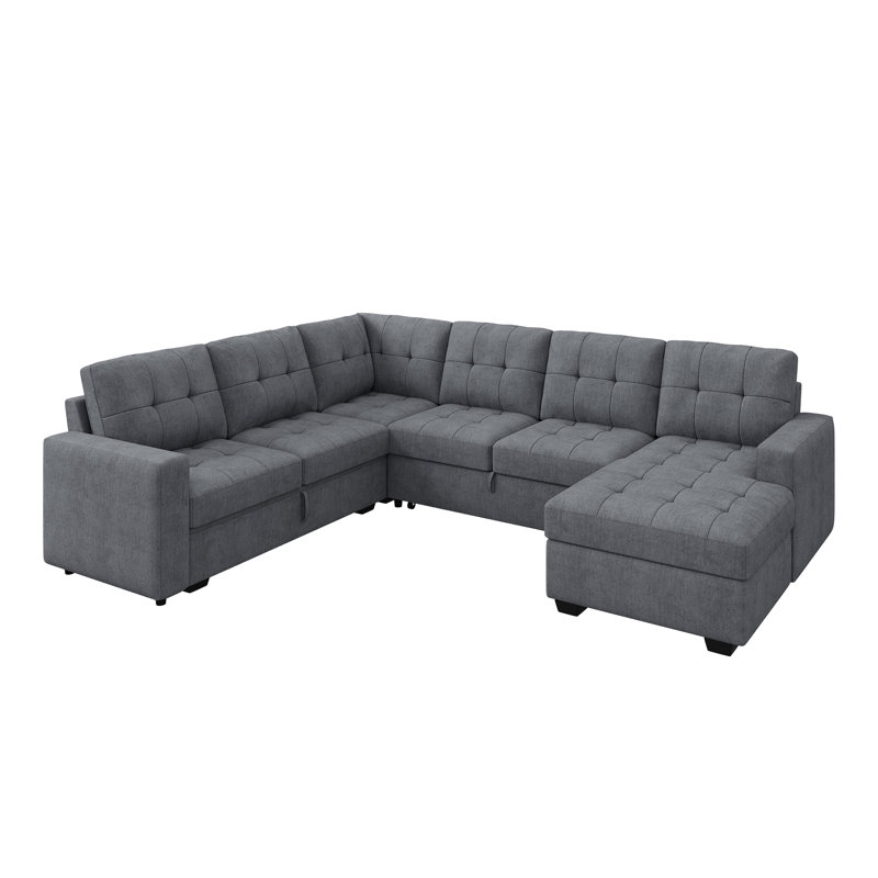  U-shaped Sleeper Sectional Pull Out Sofa Bed With Storage Chaise, Bluish Grey Polyester Blend