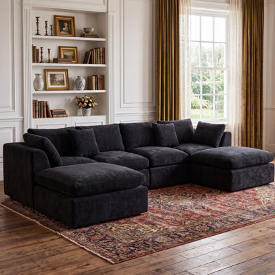  141" Wide Black Chenille Modular U-Shaped Upholstered Sectional Sofa with 2 Ottomans